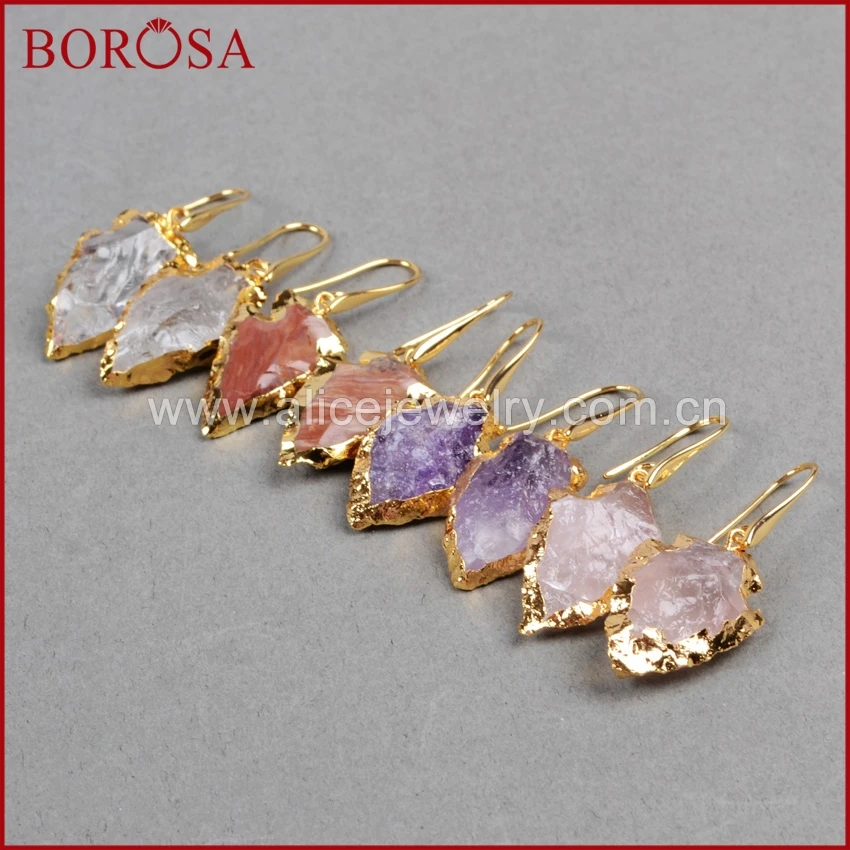 Новые серьги BOROSA золотого цвета с натуральным камнем и кварцевыми наконечниками