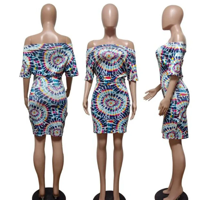 

2019 summer new women's high elastic strapless dresses slash neck off-shoulder sheath causal print dress