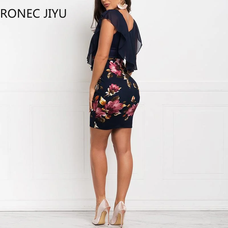 Women Floral Print Flounce Trim Bodycon Patchwork Dress | Женская одежда