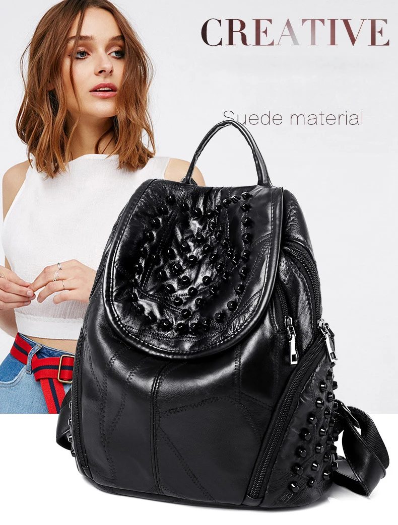 Женский рюкзак из овечьей кожи Hengsheng Модный женский с заклепками натуральной