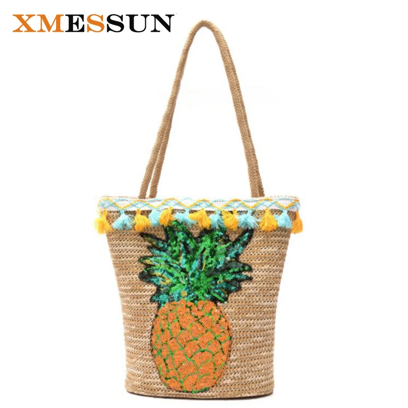 Ручной кисточкой Летняя соломенная сумки для женщин блесток ананас пляжная