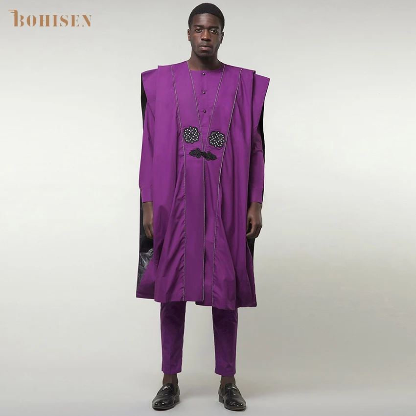 Мужская африканская одежда BOHISEN из 3 частей Bazin Agbada с длинным рукавом вечернее