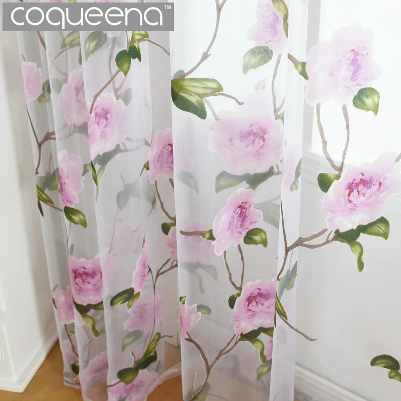 

Pink Flowers Pattern Decorative Sheer Voile Tulle Curtains for Living Room Bedroom Kitchen Door Window Country Style, 1 PCS