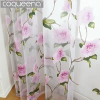 pink flowers pattern decorative sheer voile tulle curtains for living room bedroom kitchen door window country style 1 pcs