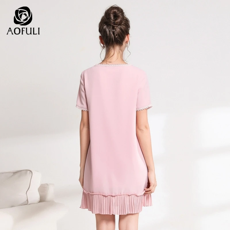 Женское кружевное платье AOFULI A3610 розовое Пестрое большого размера L ~ 4XL 5XL с