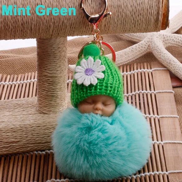 Mint Green Спящая Детская кукла брелок с помпоном из искусственного меха мяч автомобильный брелок для ключей детская игрушка женский держатель для ключей сумка Подвеска подарки брелок для ключей - Цвет: Mint Green
