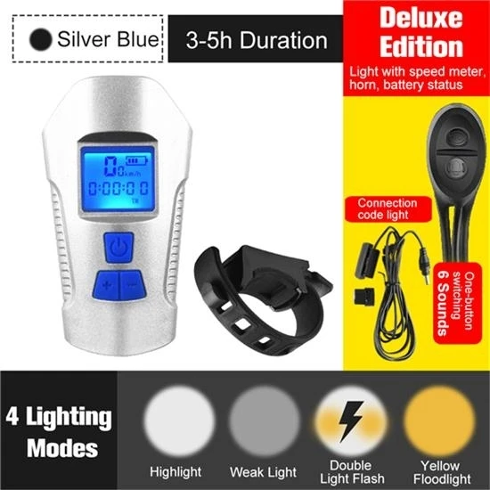 Deluxe Silver Blue WEST BIKING Многофункциональный велосипедный светильник USB Перезаряжаемый велосипедный компьютер с электрическим рогом звонок на руле велосипеда велосипедный головной светильник - Цвет: Deluxe Silver Blue