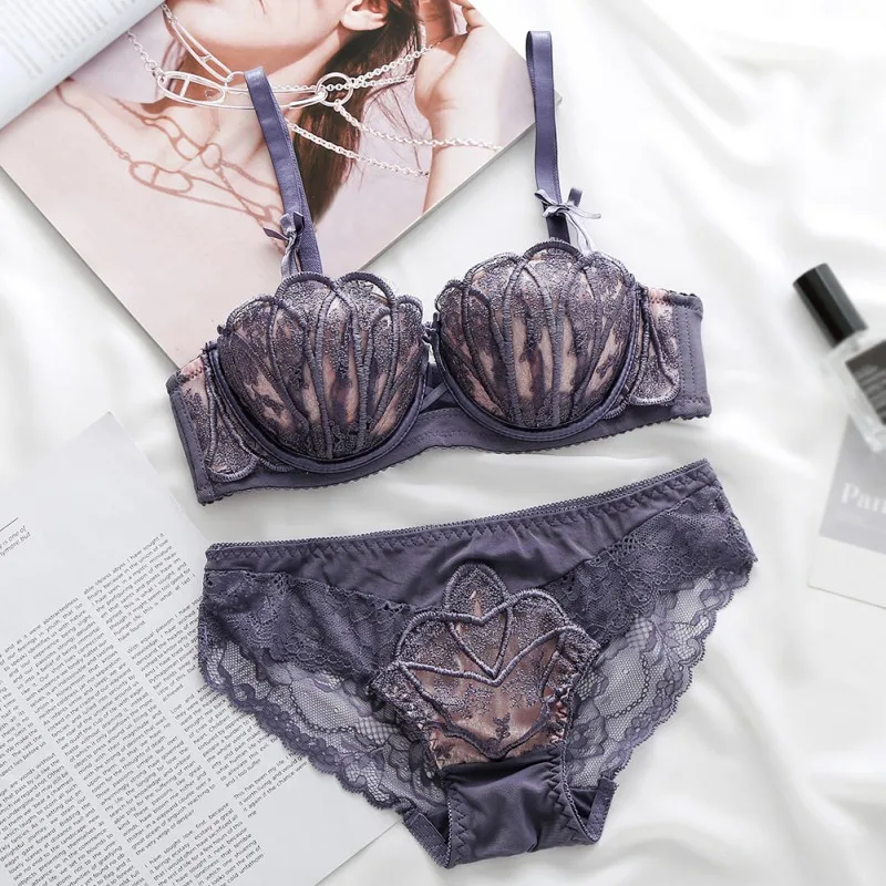 

Ladies Romantic Push Up Brassieres Suits Lace Embroidery Shell Bra Sets Sexy Lingerie Sets