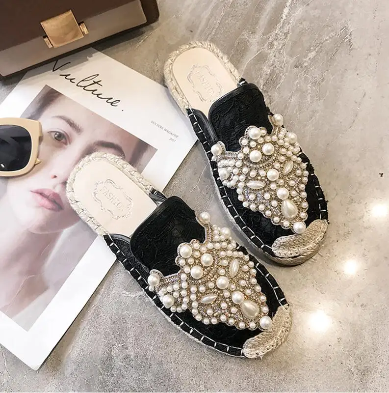 black mules Корейский бисер Соломы Вязать Рыбак оксфорды Роскошные ручной работы женская обувь жемчуг Кристалл Шнуровка Лоферы мюли туфли без каблуков дамы - Цвет: black mules