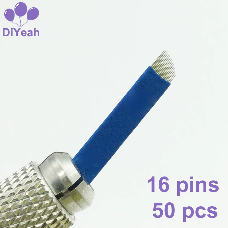 

50PCS 16 Pins Permanent Makeup Eyebrow Tattoo Bevel Blade Microblading Needles For 3D Embroidery Manual Tatoo Pen Machine Blue