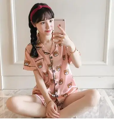 short sleeve pink Новое поступление, женские пижамы, шелковые атласные пижамные комплекты, Мультяшные Kawaii, милые Мультяшные пижамы с медведем для женщин, комплекты ночного белья, Pijama Mujer - Цвет: short sleeve pink