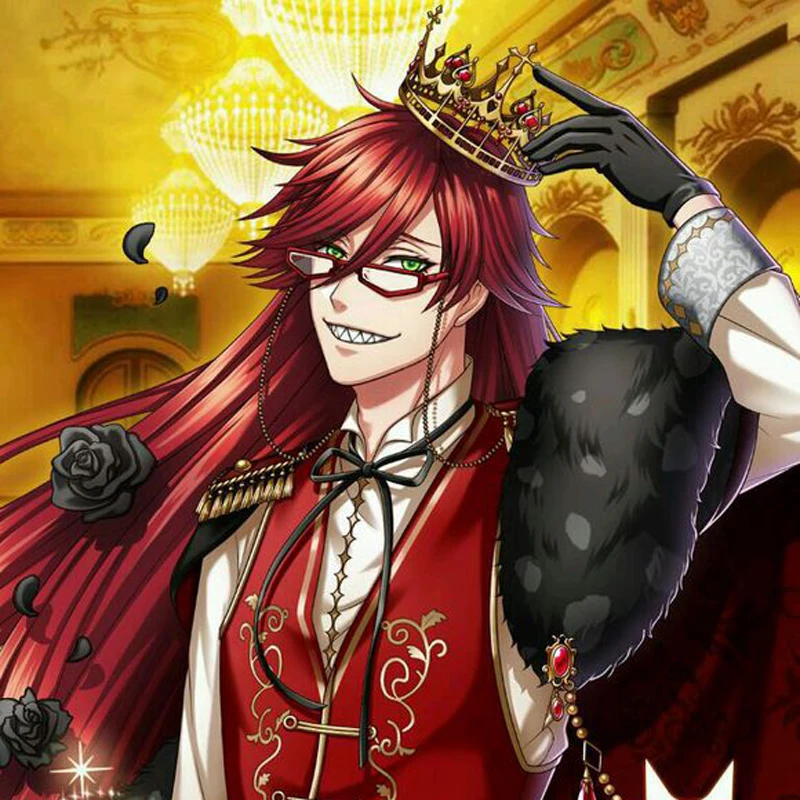 Kuroshitsuji Black Butler Grell Sutcliff Red Long Straight Heat Resistant Hair Cosplay Costume Wig Without Skull Chain Glasses