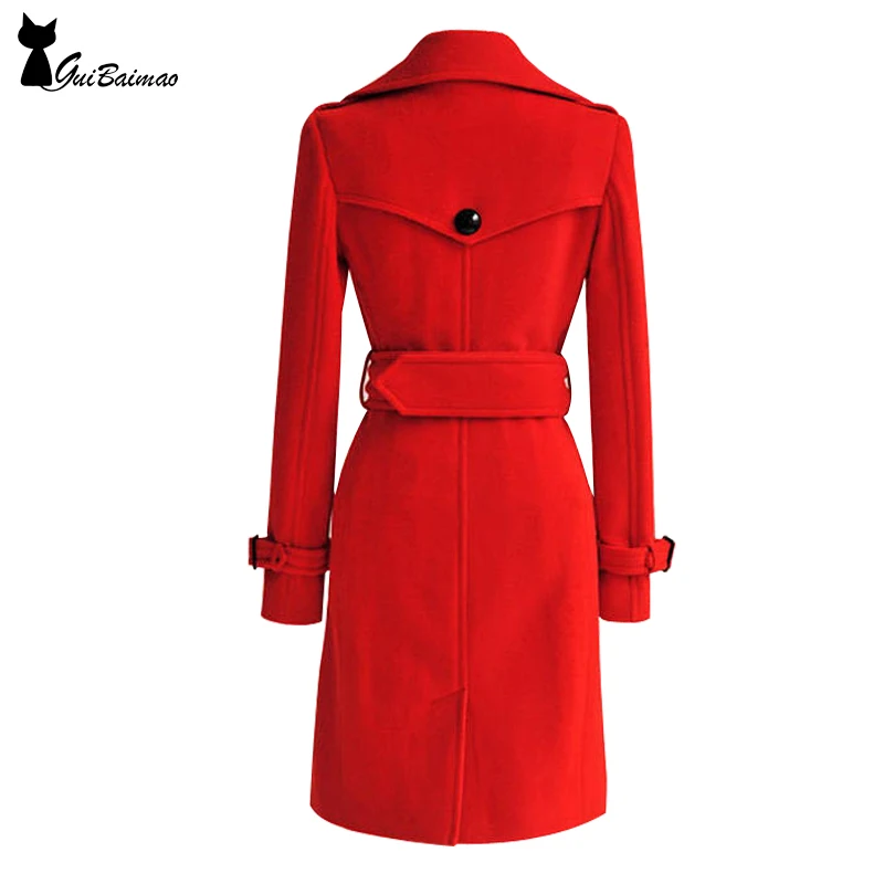 Red Winter Coat Women's Double Breasted Long Sleeve Classic Belted | Женская одежда