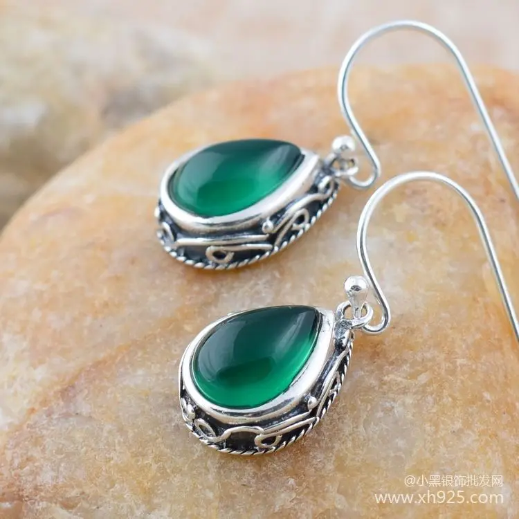 

KJJEAXCMY The little black silver 925 sterling silver jewelry Thai silver mark green agate Eardrop restoring ancient ways