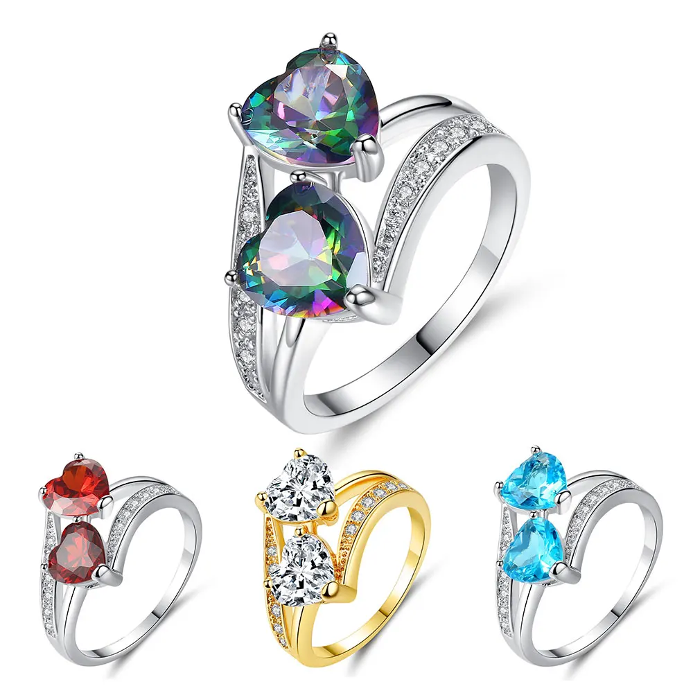 Женское кольцо с двумя кристаллами красное синее кубическим цирконием