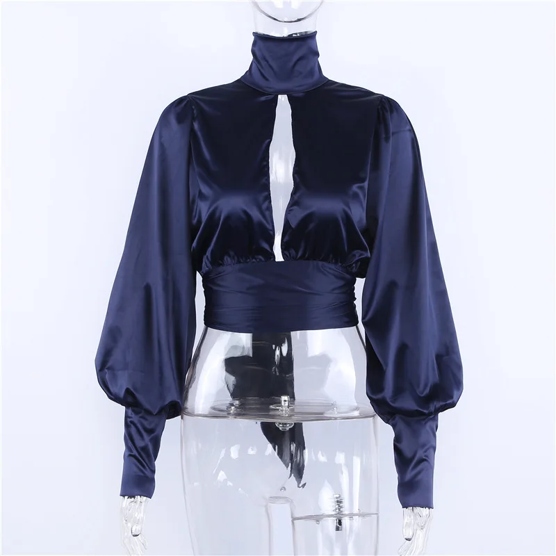 Navy Blue Aonibeier водолазка с пышными рукавами спереди выдалбливают топы для женщин Мода весна осень сзади на шнуровке Женская Однотонная футболка - Цвет: Navy Blue