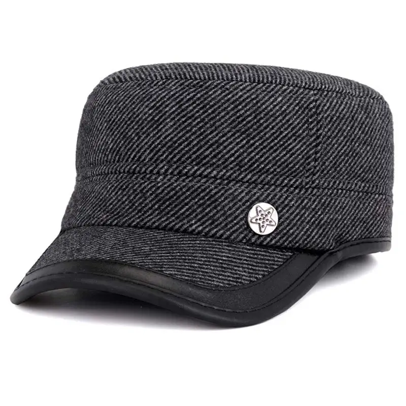 

winter flat top baseball cap striped woolen dad hat men's warm windproof ear flap hat grey brown black