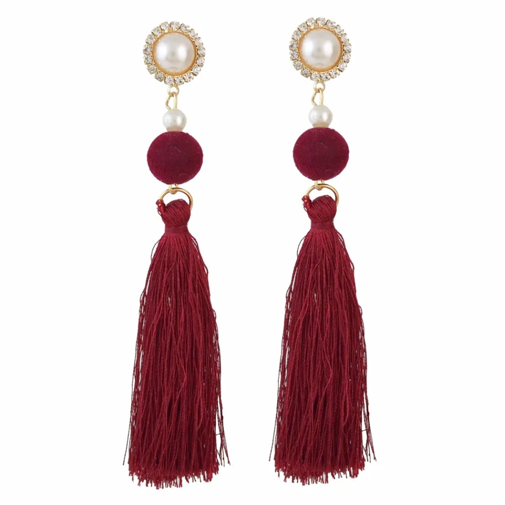 Элегантные розовые красные черные хлопковые длинные серьги с бахромой для
