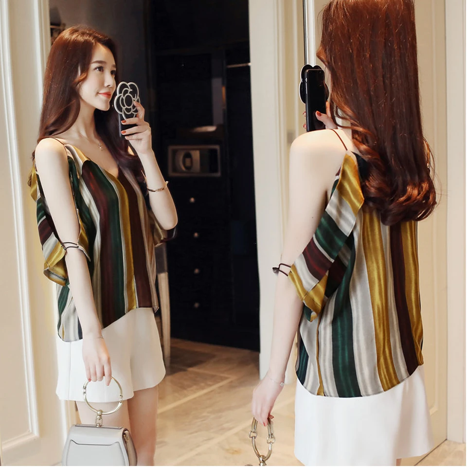 Shinybling Sexy Off Shoulder Shirt Women Summer Blouses Top Fashion Stripe Offiice Lady Casual Loose Chiffion Shirts Elegant |