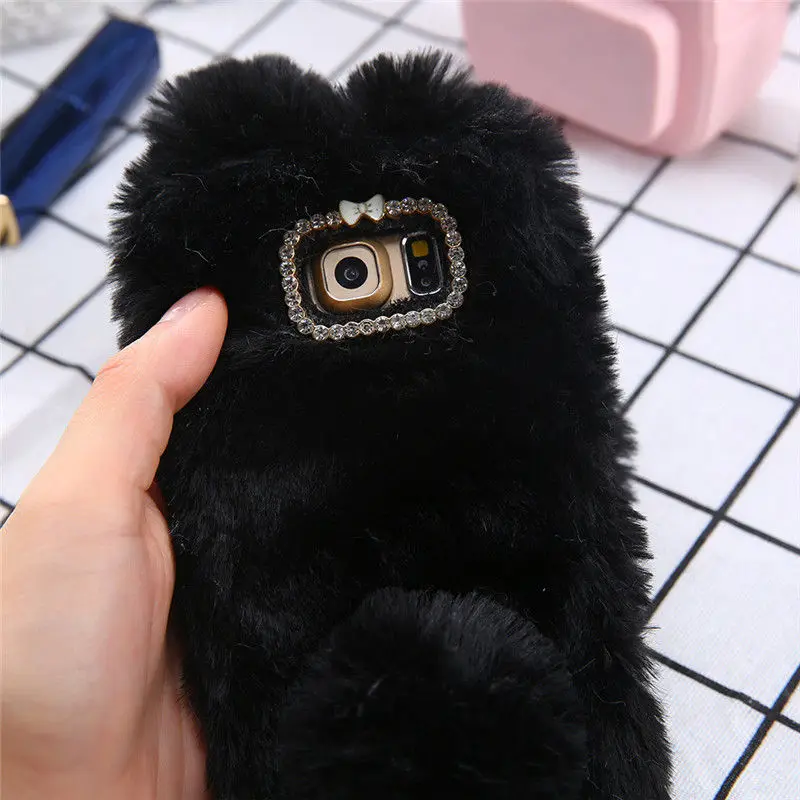 Black Plush Case Для samsung S7 S8 S9Plus защитный чехол s теплый плюшевый чехол для телефона Ювелирное Украшение Coque Capa уши кролика хвост тушки для samsung S6Edge - Цвет: Black Plush Case