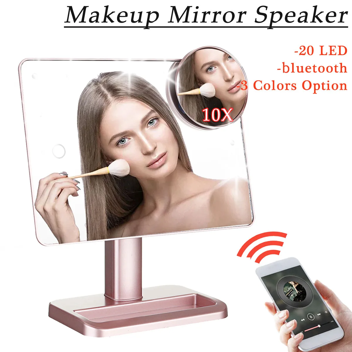 Bluetooth динамик светодиодный зеркало для макияжа умное музыкальное 20 огней сенсорный экран регулируемое косметическое зеркало для макияжа с 10x лупой