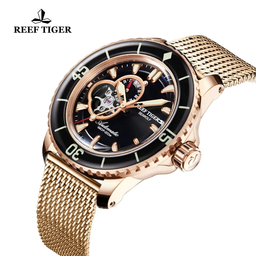 

Reef Tiger/RT Top Brand Luxury Dive Sport Watches for Men Rose Gold Tone Automatic Blue Dial Luminous Watches RGA3039