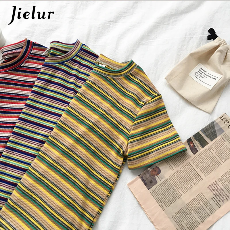 Jielur/красные желтые синие женские футболки в полоску 2019 г. Корейская футболка Ulzzang