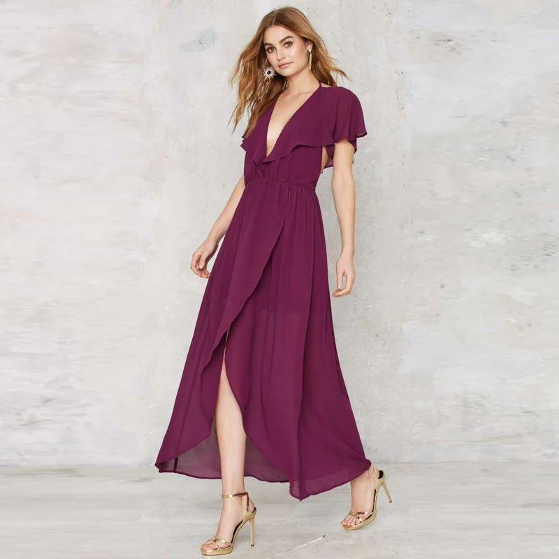 Женское шифоновое платье с рюшами однотонное элегантное вечернее V образным