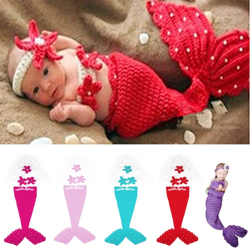 

Cute Baby Sets Beauty Mermaid Suits Wool Handmade Crochet Photography Sweater Newborn Baby Cap For Girl Boy