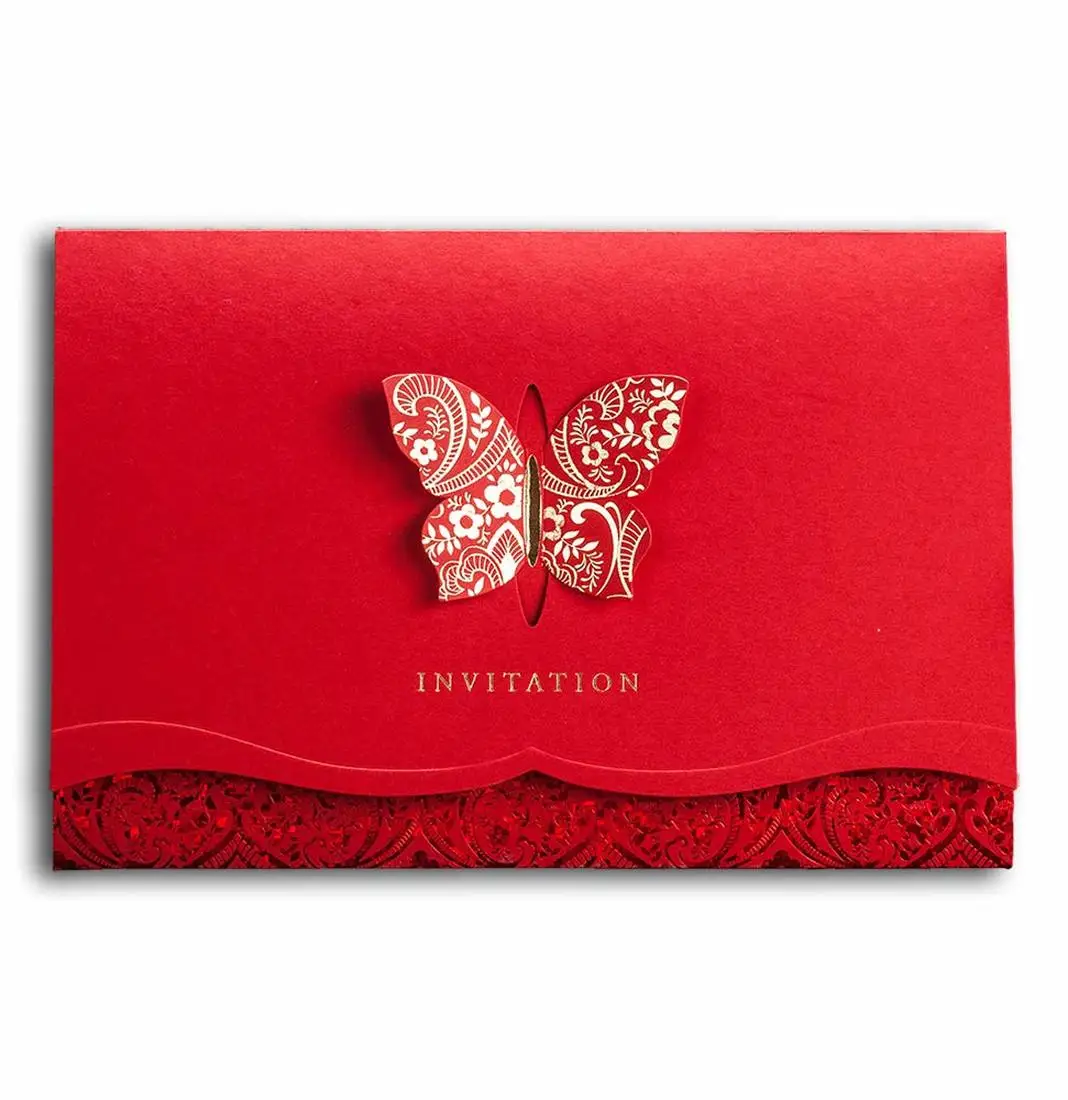 

100pcs Classic Chinese Red Wedding Invitations, Elegant Butterfly 3D Cards Printable Birthday Card Party Favors with Envelopes