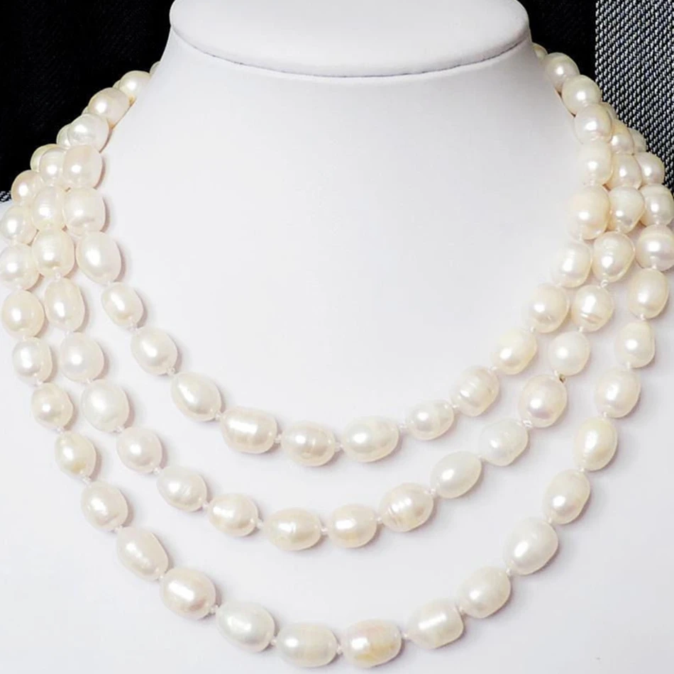 

8-9mm long chain jewelry making natural freshwater cultured white rice barrel pearl beads necklace elegant gifts 50inch MY4552