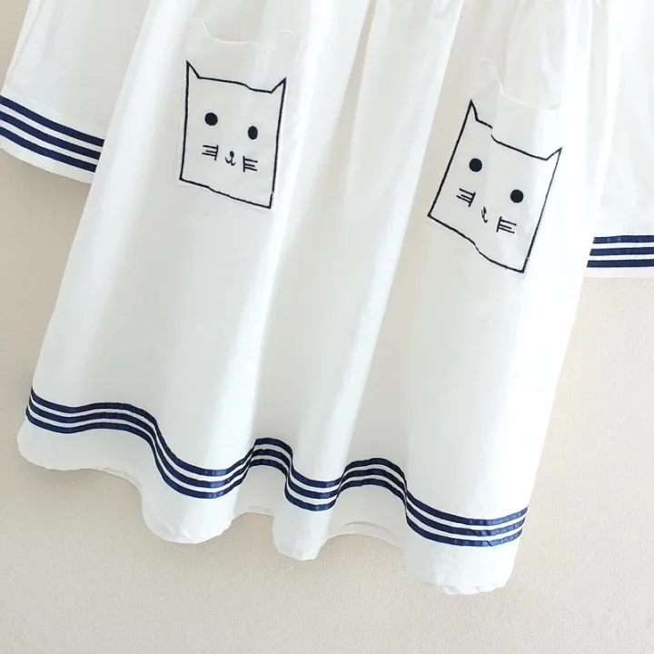 Japanese Girls Lovely Cat Embroidery Design Dresses Casual Youth Women Sailor Collar With Tie Cotton Dress Drop Shipping | Женская
