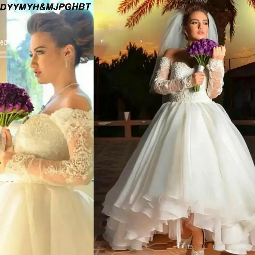 

Vintage Hi-Lo Wedding Dresses Off Shoulder Ruffle Skirt Lace Beaded Illusion Long Sleeves Sexy Asymmetrical Bridal Gowns 2019
