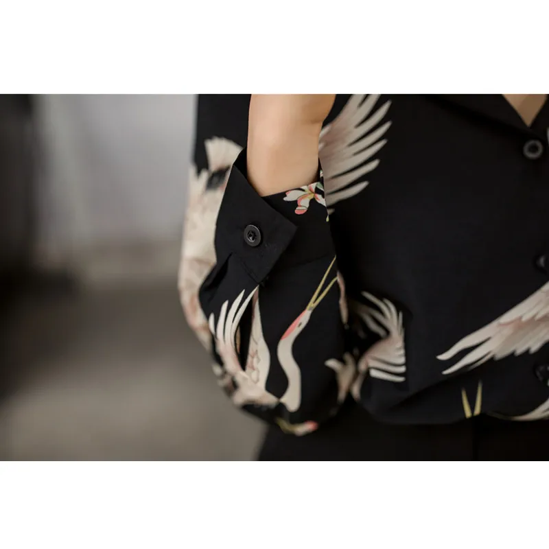 

Harajuku Red-crowned Crane Print Vintage Chiffon Blouse Women Chic Office Ladies Tops Long Sleeve Notched Collar Black Shirts