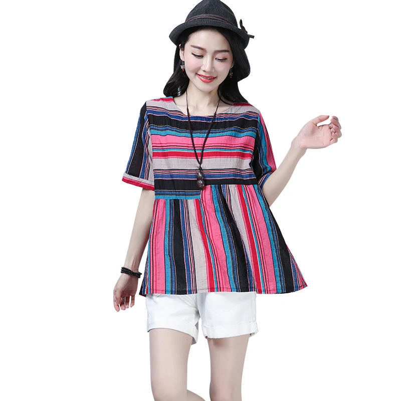 Женская хлопковая льняная блузка Romacci разноцветная в полоску с круглым вырезом и