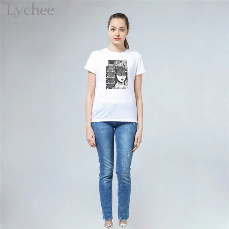 Lychee Готический аниме темная девушка мультфильм печати женские футболки повседневная с коротким рукавом o-образным вырезом белая футболка Топ женский