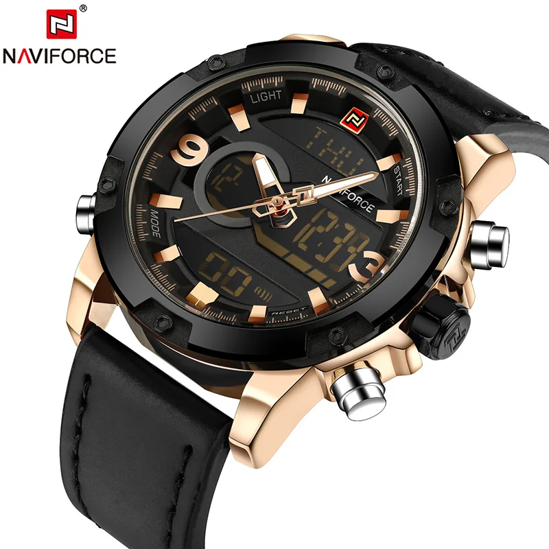 NAVIFORCE Топ люксовый бренд Мужские Аналоговые Цифровые кожаные спортивные часы для