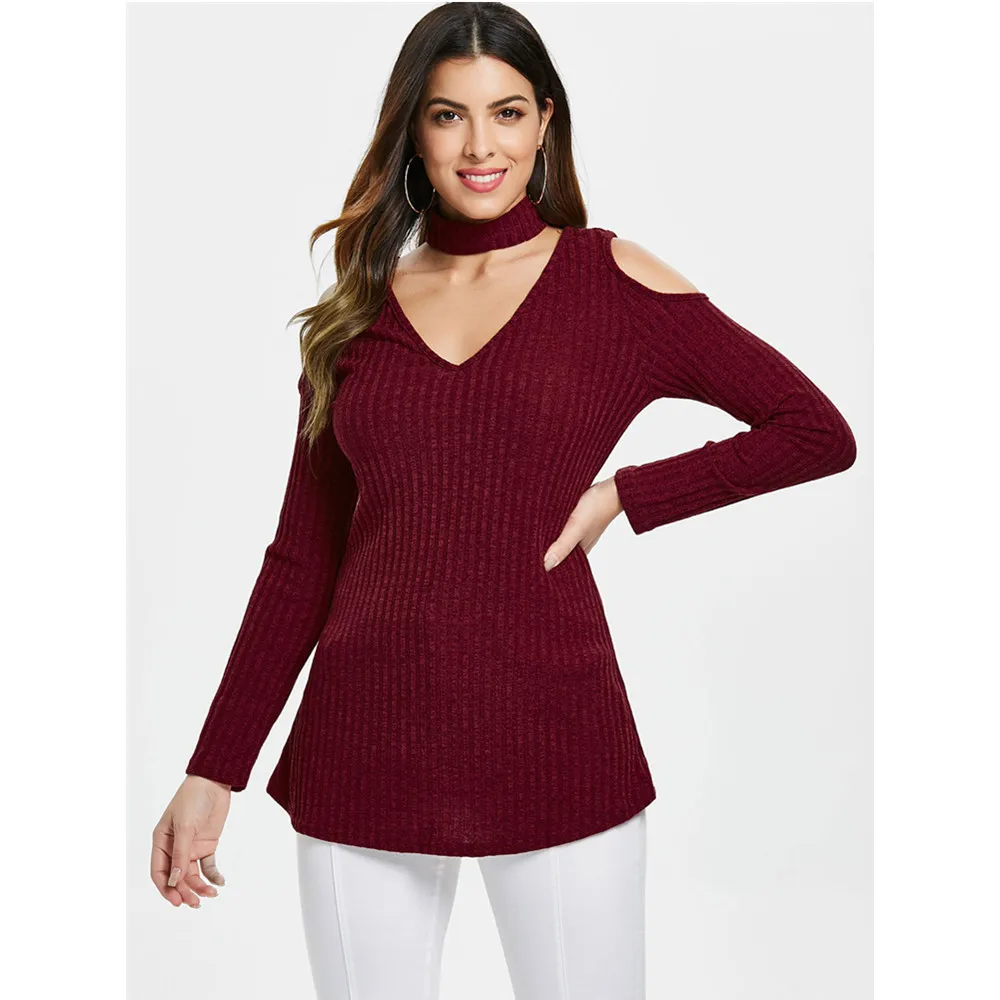 VESTLINDA Sweaters Fashion 2018 Women Cold Shoulder Long Sleeve Knitted Top With Choker Winter Clothes Jumper Pullover Femme | Женская