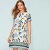 SHEIN летнее женское платье-туника с разноцветным принтом и замочной скважиной на спине,, короткий рукав, круглый вырез, бохо платье, прямое свободное мини-платье