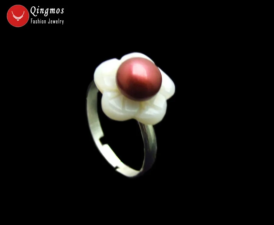 Qingmos Natural Red Pearl Ring for Women With White Shell Flower &amp 7-8mm Flat Opening Adjustable #8-#9 Jewelry rin41 | Украшения и