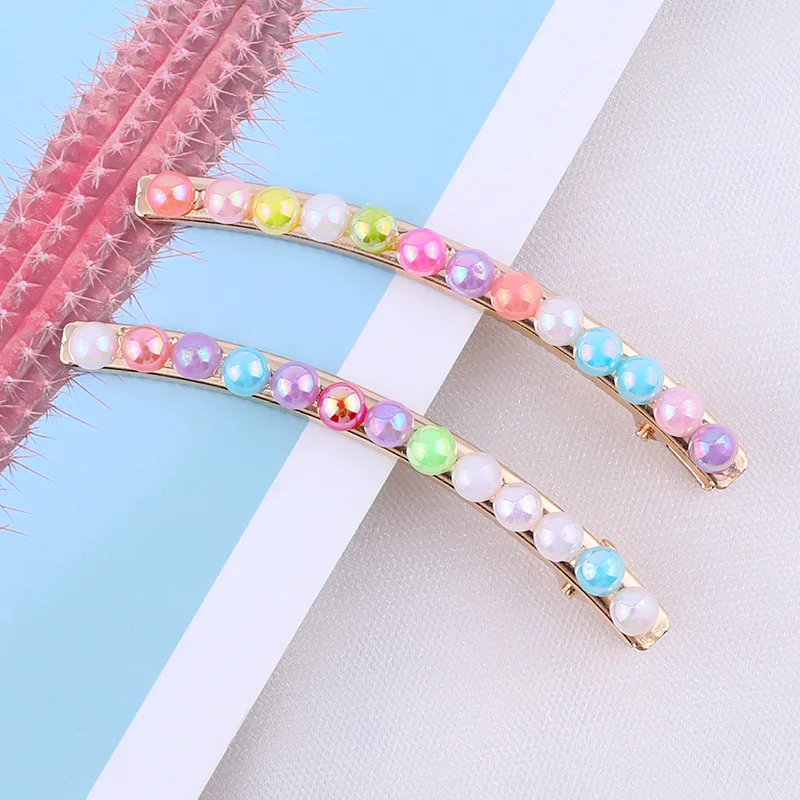 Bend clip-Color 1 2pcs/set Pearl Flower Hair Clips Alligator Duckbill Long Hairpins Barrettes Candy Rainbow Color Hair Accessories for Women Girls - Цвет: Bend clip-Color 1
