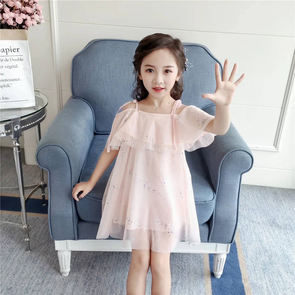 Everweekend Ins Girls Party Sequin Tulle Western Fashion Ruffles Clothes Candy Pink Halter Off Shoulder New Summer Kids Dress | Детская