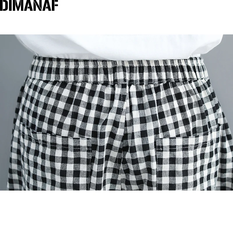 

DIMANAF Plus Size Women Wide Leg Pants Summer Cotton Loose Big Size Pantalones Female Elastic Waist Long Pants Plaid Black 2019