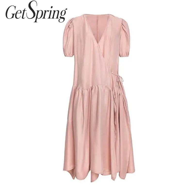 Женское асимметричное платье GETSPRING розовое винтажное длинное с v-образным