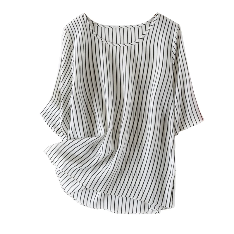 Женская офисная блузка с коротким рукавом повседневная шелковая круглым вырезом