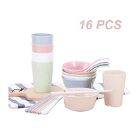 16pcs wheat straw dinnerware set tableware suit cutlery set canteen family children cup bowl chopsticks fork spoon color box