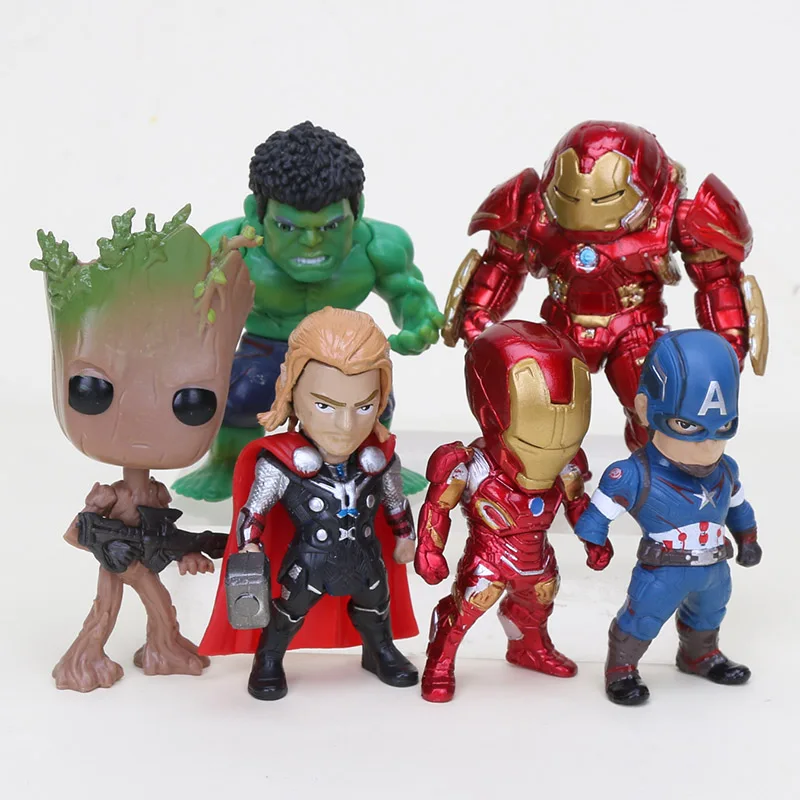 Игрушки Marvel, экшен-фигурки из ПВХ, герои фильма «Мстители: Война бесконечности» — Танос, Железный человек, Человек-паук, Капитан Америка, Халк, Чёрная пантера, 8–10 см, 6 шт./набор
