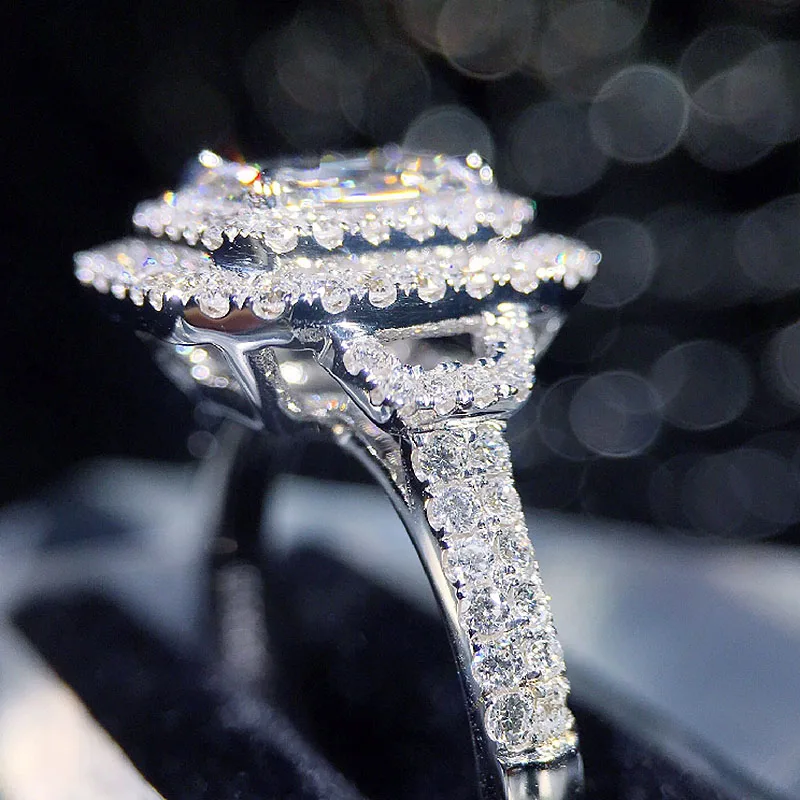 Fashion Design 18K White Gold Center 1ct Emerald Cut Moissanite Double Halo Ring Engagement Wedding Jewelry For Women | Украшения и