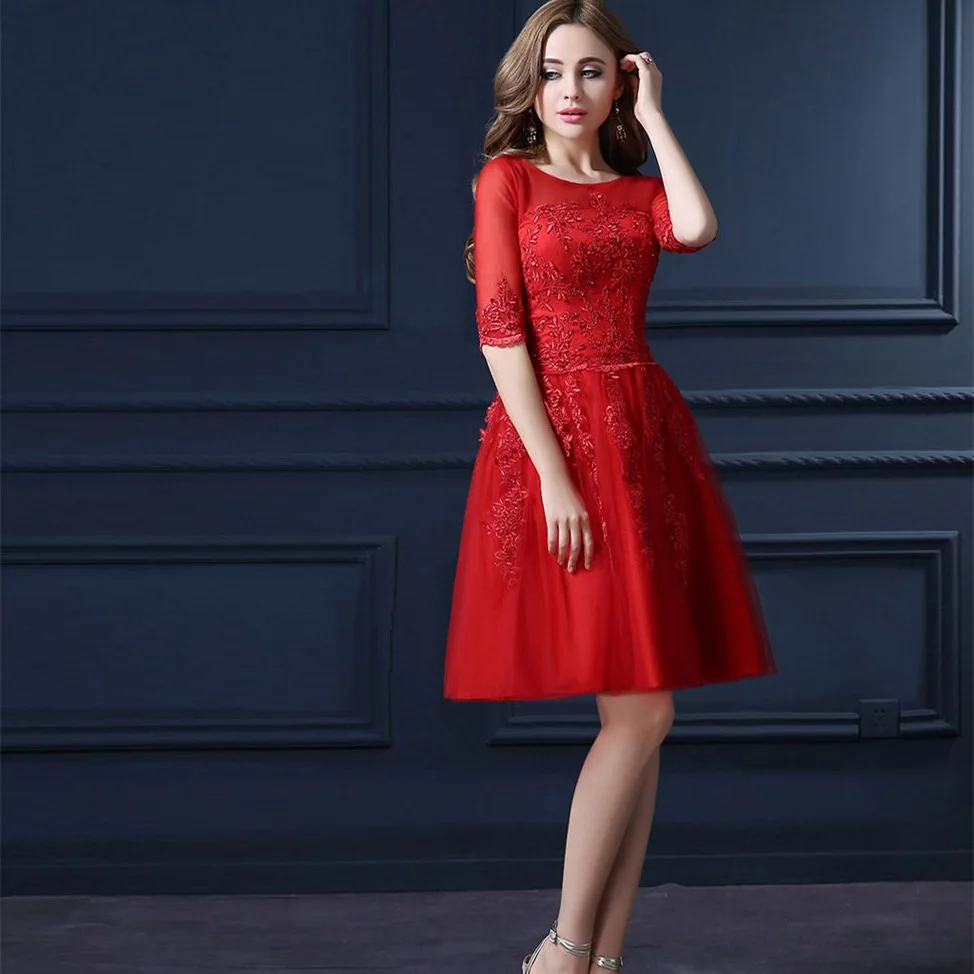 red CEEWHY с рукавами 1/2, вышивкой Выпускные платья короткое официальное платье до колена коктейльное платье элегантное женское платье коктейльные платья - Цвет: red