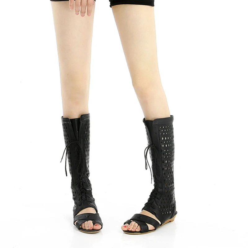 

ISNOM Pu Cross Tied Knee High Boots Women Peep Toe Cutout Footwear Low Heels Boot Female Shoes Woman 2019 Summer Plus Size 45